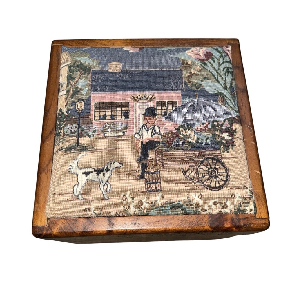 Wooden Vintage Box Hinged Lid Tapestry Man Dog‎ Pictorial Fabric Top Recipe